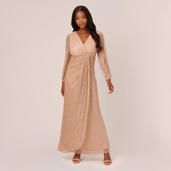 Adrianna Papell Metallic Crinkled Mesh Draped Long Gown In Light Gold Size 8Ligh - Picture 1 of 3